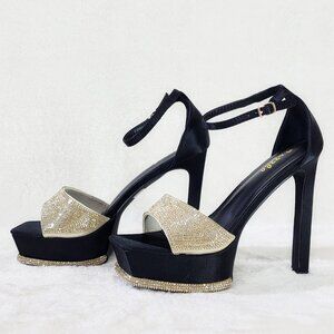Helen Black Evening Platform High Heel Shoes Gold Rhinestone Trim Details NEW